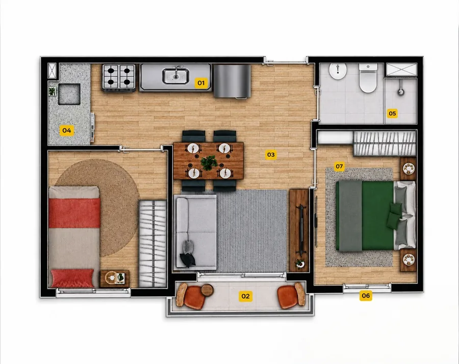 Planta baixa de apartamento de dois dormitórios